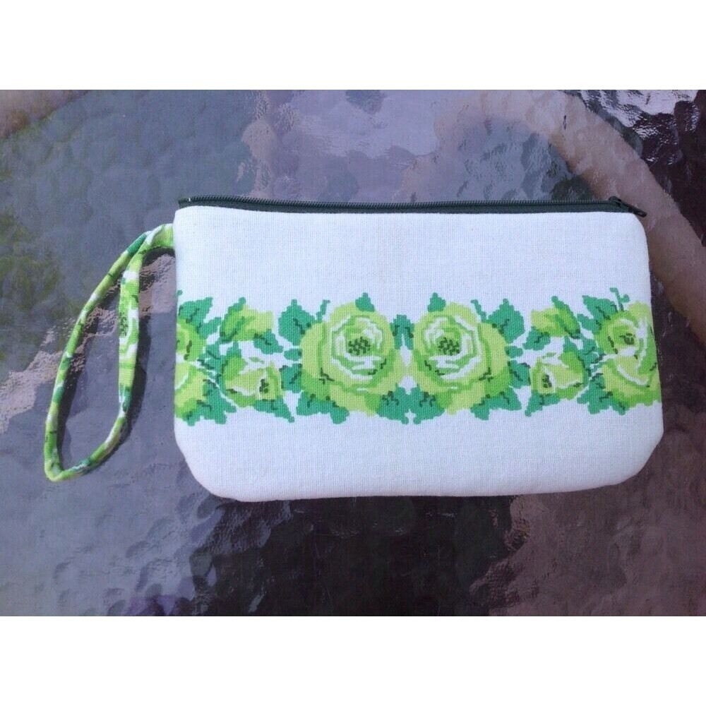 Vintage Fabric Handmade Wristlet Clutch Floral Green Make up Travel Case Bag - Picture 10 of 10